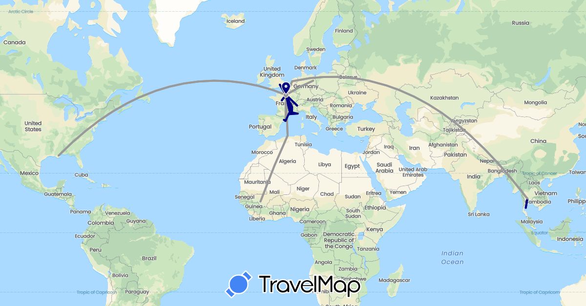 TravelMap itinerary: driving, plane in Germany, Algeria, Spain, France, United Kingdom, Mali, Netherlands, Thailand, United States (Africa, Asia, Europe, North America)